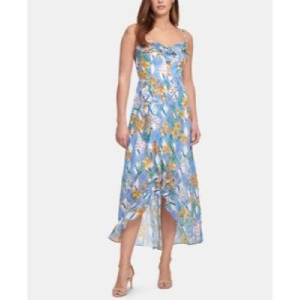Kensie‎ Blue Ruffled Floral Womens 14 Spaghetti Strap V Neck Tea Hi-Lo Dress NWT